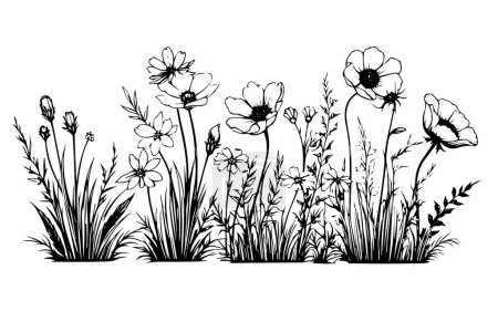 Photo for Hand drawn ink sketch of meadow wild flower landscape. Engraved style vector illustration - Royalty Free Image