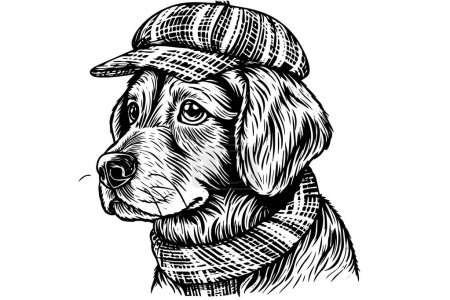 Vintage Hand-Drawn Dog Portrait with Hat: Etching Style Illustration of Cute Shepherd in Chapeau
