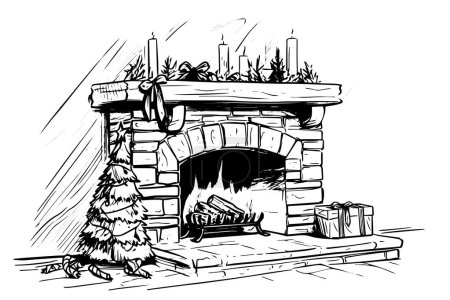 Fireplace with fire vintage sketch illustration. Firewood, wood, brick inside