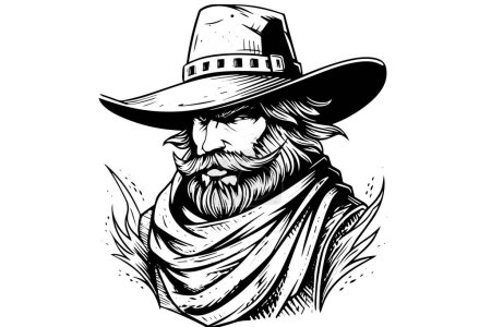 Cowboy head on hat in engraving style. Hand drawn ink sketch. Vector illustration