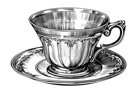 Photo for Vintage cup on a plate hand drawn ink sketch. Engraved style vector illustration - Royalty Free Image