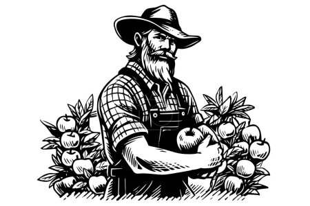 Photo for Happy farmer in hat with the harvest in hand engraving style. Hand drawn ink sketch. Vector logotype illustration - Royalty Free Image