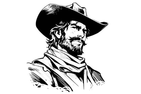 Cowboy bust or head on hat in engraving style. Hand drawn ink sketch. Vector illustration