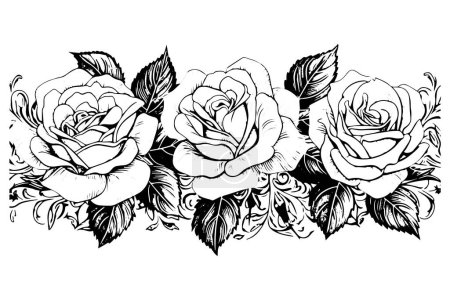 Téléchargez les illustrations : Vintage Floral Tattoo: Hand-Drawn Rose Outline in Baroque Style Vector Print - en licence libre de droit