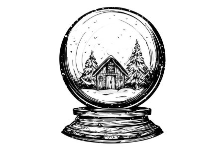 Photo for Merry Christmas gift snow globe Snowflake tree and house inside. Vector engraving ink sketch illustration - Royalty Free Image