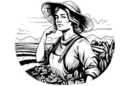 A woman farmer harvesting in the field in engraving style. Drawing ink sketch vector illustration