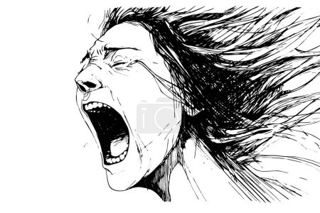 Angry scream woman hand drawn ink sketch. Emotional girl vector illustration
