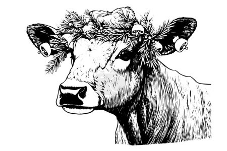 Cow with a wreath hand drawn ink sketch. Engraved style vector illustration
