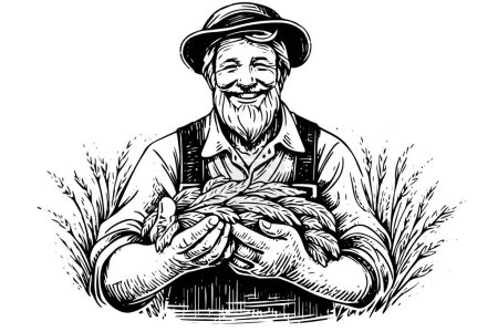 Photo for Happy farmer in hat with the harvest in hand engraving style. Hand drawn ink sketch. Vector logotype illustration - Royalty Free Image