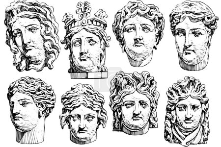 Téléchargez les illustrations : Vintage Mythological Tattoo: Engraved Vector Portrait of a Greek Goddess Statue Face - en licence libre de droit