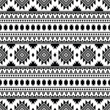 Patrón tribal sin costuras con diseño de fondo de ornamento geométrico para textiles. Patrón de ilustración popular con estilo azteca y navajo. Impresión étnica. Colores blanco y negro.