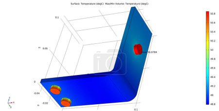 Photo for Investigation of the temperature distribution on the surface of the metal bracket. Thermal analysis. Computer 3d modeling of parameters of a steel mechanical part  using a computer-aided design system. - Royalty Free Image
