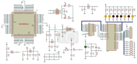 Ilustración de Diagrama esquemático eléctrico vectorial de un dispositivo electrónico digital con indicadores led, que funciona bajo el control de un microcontrolador. Dibujo técnico (ingeniería). - Imagen libre de derechos
