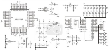 Ilustración de Diagrama esquemático eléctrico vectorial de un dispositivo electrónico digital con indicadores led, que funciona bajo el control de un microcontrolador. Dibujo técnico (ingeniería). - Imagen libre de derechos