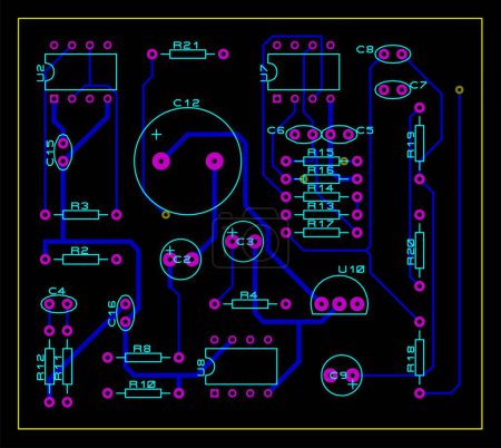 Placa de circuito impreso de un dispositivo electrónico con componentes de elementos de radio, conductores y almohadillas de contacto colocados en él. Diseño de ingeniería vectorial de un pcb. Capa inferior.