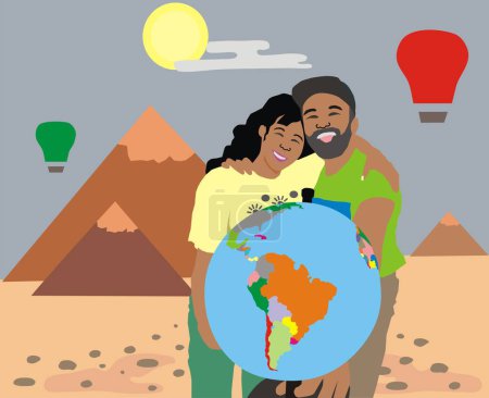 Illustration for Happy tourists on the background of the Egyptian pyramids hold a globe in their hands. Interesting photo in the desert. Vector illustration. - Royalty Free Image