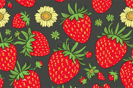 Illustration for Vector background with red berries and yellow flowers of strawberries. - Royalty Free Image