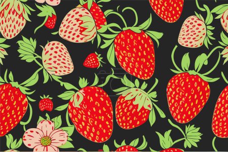 Illustration for Vector summer pattern with red and white berries of strawberry and green leaves on black background. - Royalty Free Image