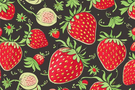 Illustration for Vector summer pattern with red and white berries of strawberry and green leaves on black background. Drawing for clothing, fabric, textile, paper, notepad, card. - Royalty Free Image