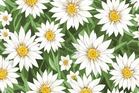 Téléchargez les illustrations : Motif floral vectoriel avec des fleurs blanches camomille (petite et grande) sur un fond d'herbe verte. - en licence libre de droit