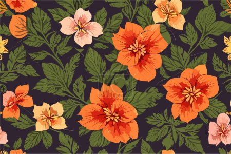 Illustration for Vector seamless pattern with orange, pink, yellow flowers and green leaves. Floral tropical background for women's clothing, fabric, textile, paper, notepad. - Royalty Free Image