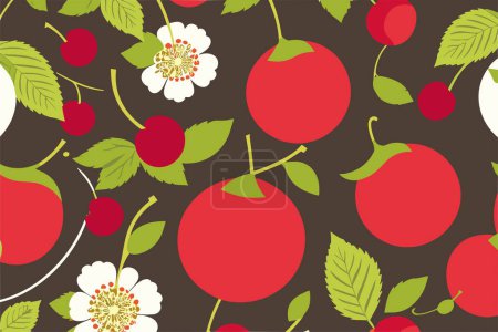 Illustration for Vector background with berries and flowers of cherry. Pattern with red berries. - Royalty Free Image