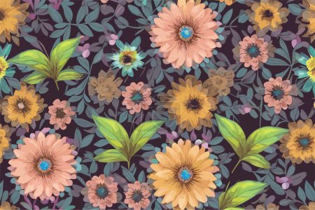 Téléchargez les illustrations : Un motif floral vectoriel sans couture avec des fleurs et des feuilles vertes sur un fond bleu. - en licence libre de droit