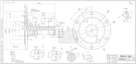 Ilustración de Dibujo vectorial de una pieza mecánica de acero con orificios traseros. Esquema CAD de ingeniería. Eje de acero. - Imagen libre de derechos