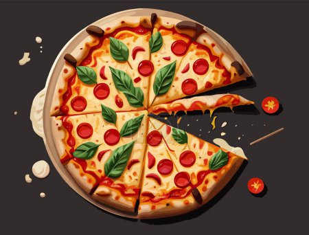 Vector slices of round pizza with sausage, herbs, mayonnaise, cheese and tomatoes on a black background.
