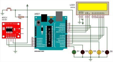Illustration for Arduino uno scheme of processing button keystrokes and displaying information on an  alphanumeric LCD display. Vector drawing of a1 format. - Royalty Free Image