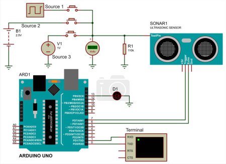 Illustration for Arduino uno scheme of processing keystrokes and displaying information on an  terminal. Vector circuit of a1 format of arduino uno and ultrasonic sensor. - Royalty Free Image