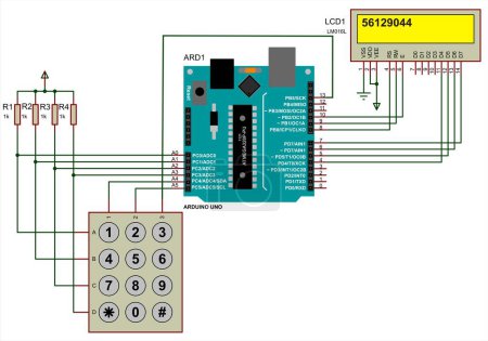 Illustration for Arduino uno scheme of processing keyboard keystrokes and displaying information  on an alphanumeric LCD display. Vector drawing of a1 format. - Royalty Free Image