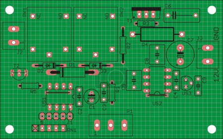 Illustration for Placement of components of radio elements (contact pads and seats) on the  printed  circuit board of an electronic device. Vector engineering  drawing of a pcb.  Electric background with grid. - Royalty Free Image