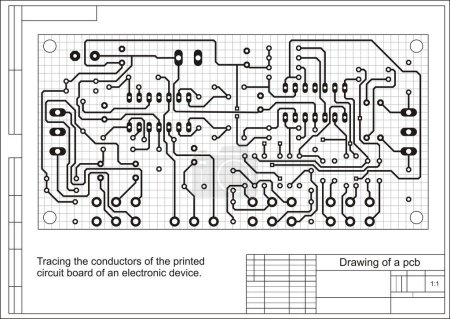 Illustration for Tracing the conductors of the printed circuit board of an electronic device. Vector  engineering drawing of a pcb. Electric background with grid. - Royalty Free Image