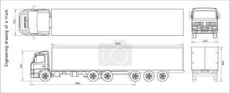 Vector engineering drawing of truck with trailer with dimensional linesand numerical values of vehicle dimensions. Cad scheme. Mechanical background. Design documentation.