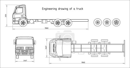 Vector engineering drawing of truck with trailer with dimensional lines and numerical values of vehicle dimensions. Cad scheme. Mechanical background. Design documentation.