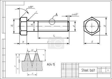 Vector engineering cad drawing of a mechanical part (steel bolt) with thread. Computer aided design of machine parts with dimension lines. Technical cad background.