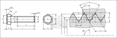 Illustration for Vector engineering cad drawing of a mechanical part (steel bolt) with thread. Computer aided design of machine parts  with dimension lines. Technical cad background. - Royalty Free Image