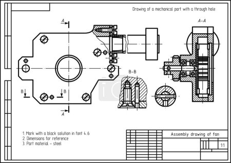 Illustration for Assembly drawing of fan. Vector drawing of steel cast mechanical part with through holes and bolted connection. Engineering cad scheme. Technical template. Cross section. - Royalty Free Image