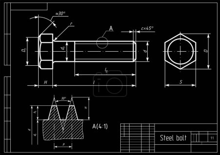Illustration for Vector engineering cad drawing of a mechanical part (steel bolt) with thread. Computer aided design of machine parts with dimension lines. Technical cad background. - Royalty Free Image