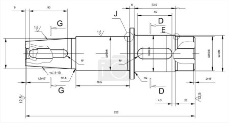 Vector drawing of a steel mechanical part with through holes. Worm shaft. Engineering cad scheme. Mechanical background.