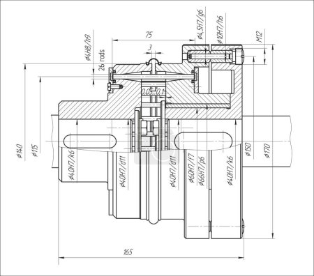 Assembly drawing of drive shaft with coupling. Vector cad scheme of steel mechanical device with shaft, gear, electric engine, bearing, bolted connection and dimension lines. Engineering background. Technical template. Cross section.