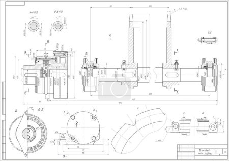 Assembly drawing of drive shaft with coupling. Vector cad scheme of steel mechanical device with shaft, gear, electric engine, bearing, bolted connection and dimension lines. Engineering background. Technical template. Cross section.