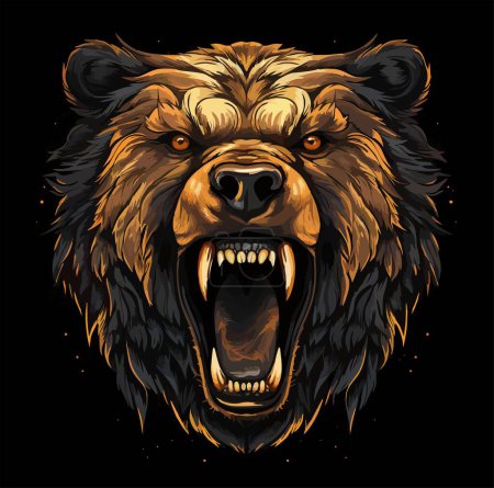 Vector design for t-shirt. Ferocious brown bear isolated on black background.  Fashionable print for fabric, paper, men clothing, hoodie, biker jacket.