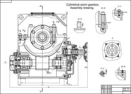 Montagezeichnung des Untersetzers (Zylinderschneckengetriebe). Vector Engineering Cad-Schema der mechanischen Stahlvorrichtung mit Welle, Getriebe, Elektromotor, Schraubverbindung und Maßleitungen. Technische Vorlage. Querschnitt.