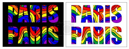 Vector color lettering paris with pattern in style of lgbt community. Fashionable name of city in colors of rainbow. Print for t shirt. Bright summer ornament isolated on white and black background.