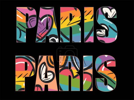 Vector colorful abstract lettering paris with pattern in style of lgbt community. Fashionable name of city in colors of rainbow. Print for t shirt. Bright summer ornament isolated on black background.