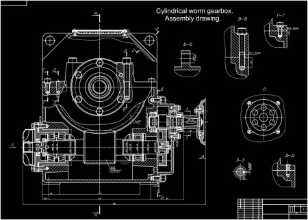 Assembly drawing of reducer (cylindrical worm gearbox). Vector engineering cad scheme of steel mechanical device with shaft, gear, electric engine, bolted connection and dimension lines. Technical template. Cross section.