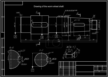 Vector drawing of steel mechanical part with through holes, dimension lines. Worm wheel shaft. Engineering cad scheme. Mechanical background.