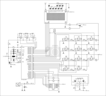 Schematische Darstellung des elektronischen Geräts. Vektorzeichnung Stromkreis mit LCD-Anzeige, Controller, integrierter Schaltung, Taste, Widerstand, Kondensator, LED, Transistor auf dem Hintergrund des Papierblattes.
